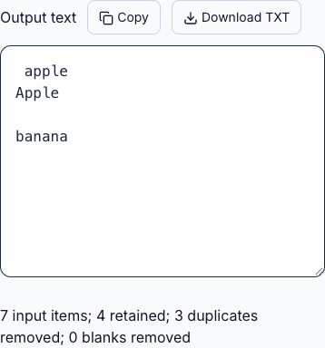Actual output retains the first spaced apple, Apple, one empty item and banana. Counts: seven input items, four retained, three duplicate removals and zero blank removals. Copy and Download TXT controls are visible.