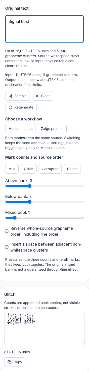 Actual Glitch workbench with Signal Lost as the original, Manual counts selected, Above bank 3, Below bank 3, Mixed pool 1 and both source-order toggles off. The complete Glitch result appears below the controls.